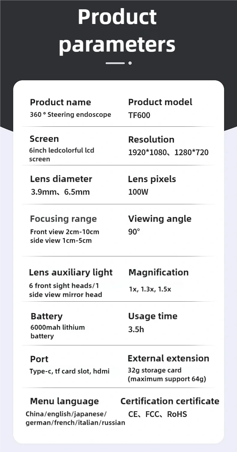 TF600 4-Way Articulating Industrial Borescope – HD Inspection Camera with Dual Lens & 1080P Display