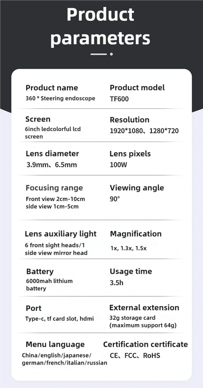 TF600 4-Way Articulating Industrial Borescope – HD Inspection Camera with Dual Lens & 1080P Display