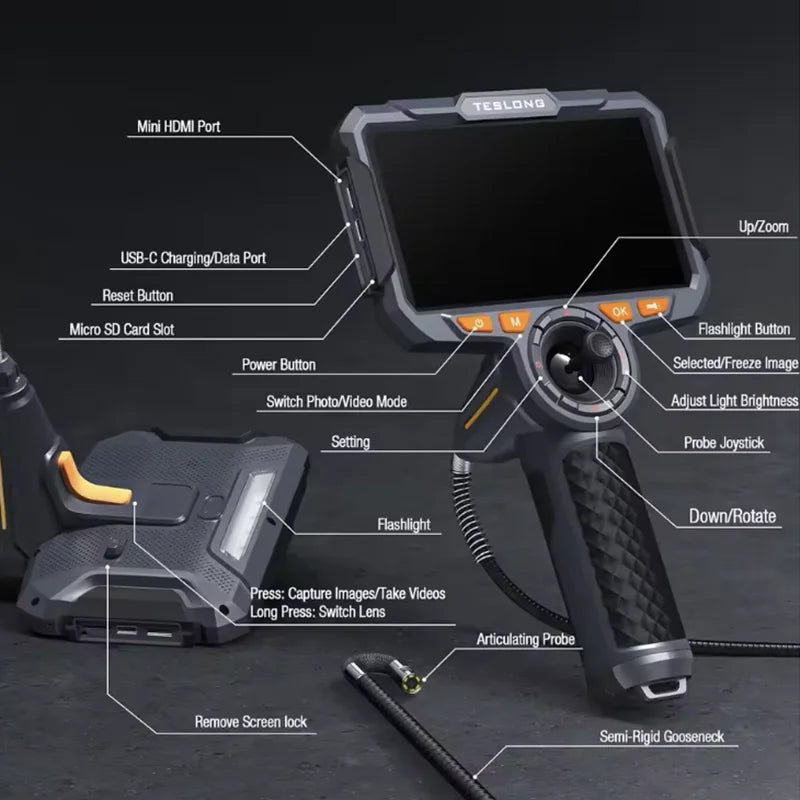 TF600 4-Way Articulating Industrial Borescope – HD Inspection Camera with Dual Lens & 1080P Display
