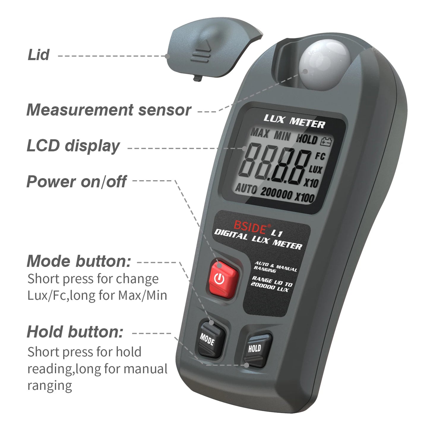 BSIDE Digital Lux Meter – 200,000 Lux Light Measurement Tester