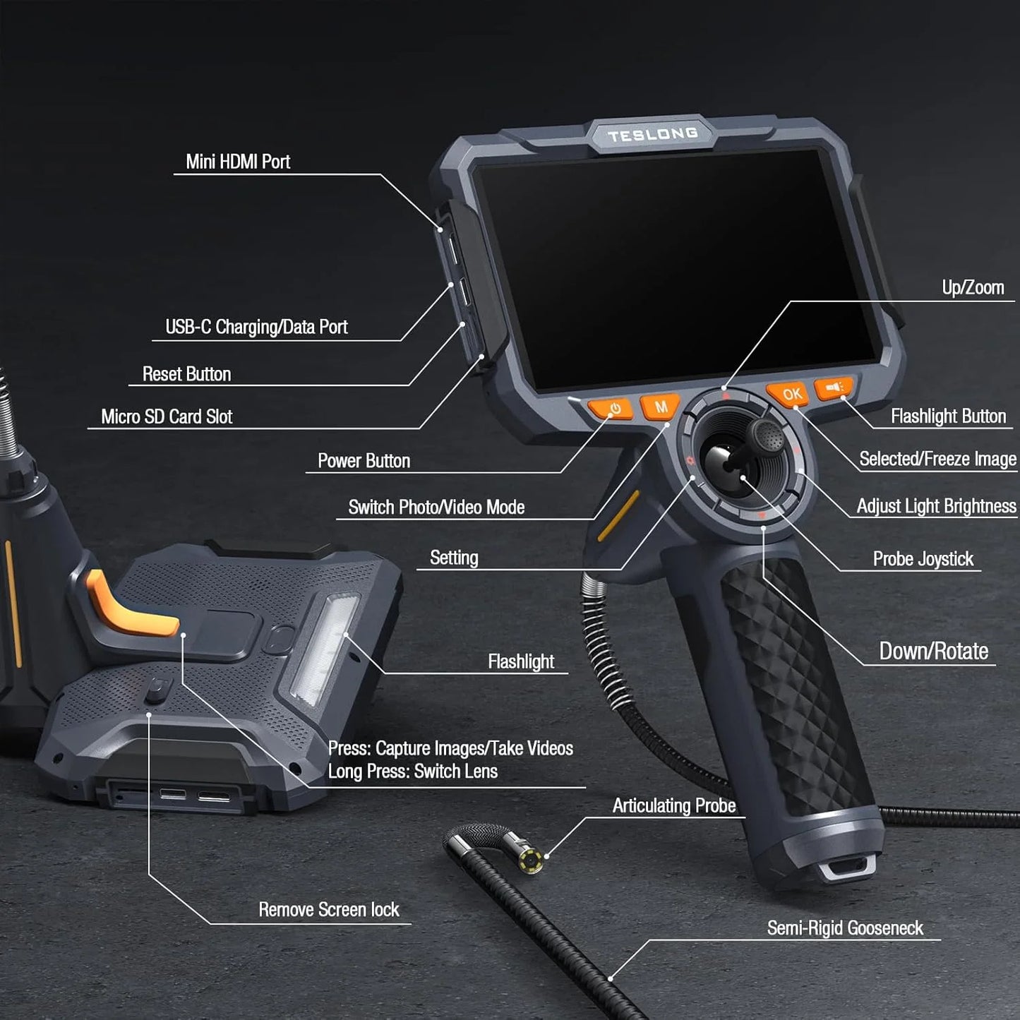 TF600 4-Way Articulating Industrial Borescope – HD Inspection Camera with Dual Lens & 1080P Display