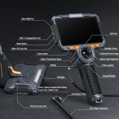 TF600 4-Way Articulating Industrial Borescope – HD Inspection Camera with Dual Lens & 1080P Display