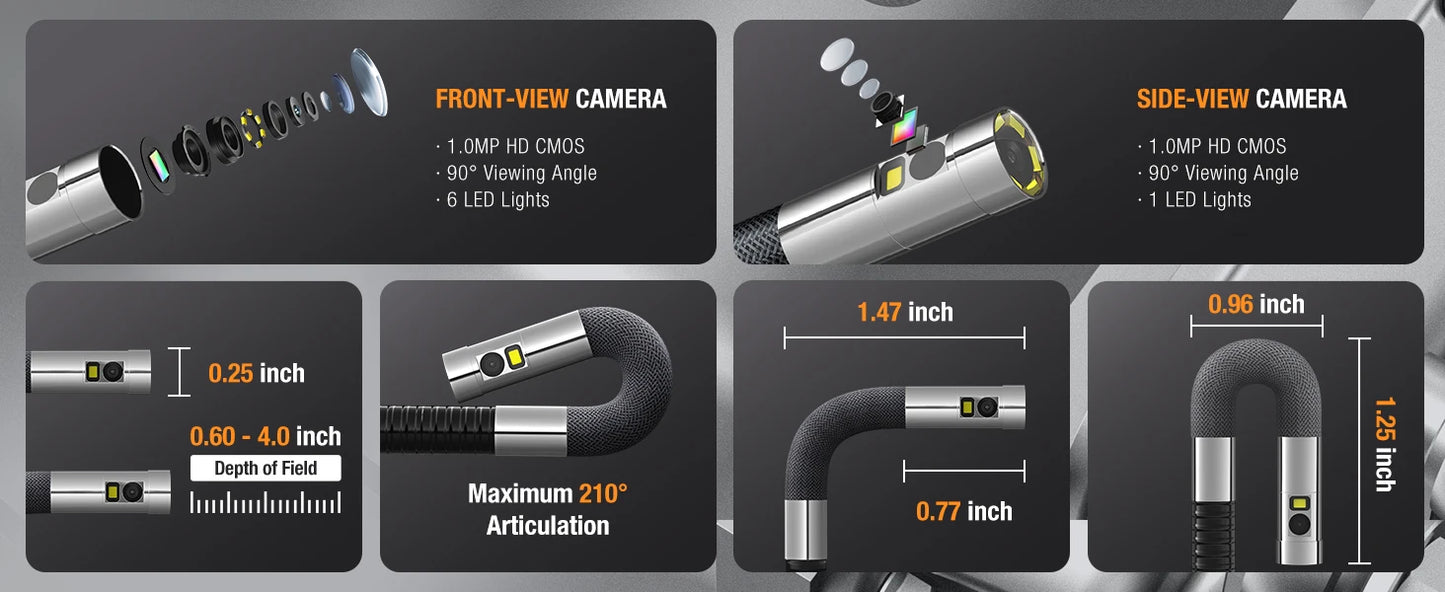 TF600 4-Way Articulating Industrial Borescope – HD Inspection Camera with Dual Lens & 1080P Display