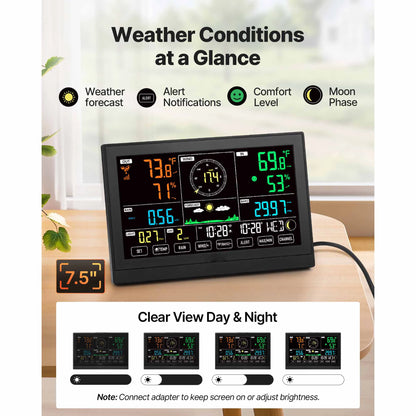 SucceBuy 7-in-1 Wi-Fi Weather Station & APP Control, 7.5-Inch VA Display Solar Powered Sensor, Indoor & Outdoor Weather Forecast