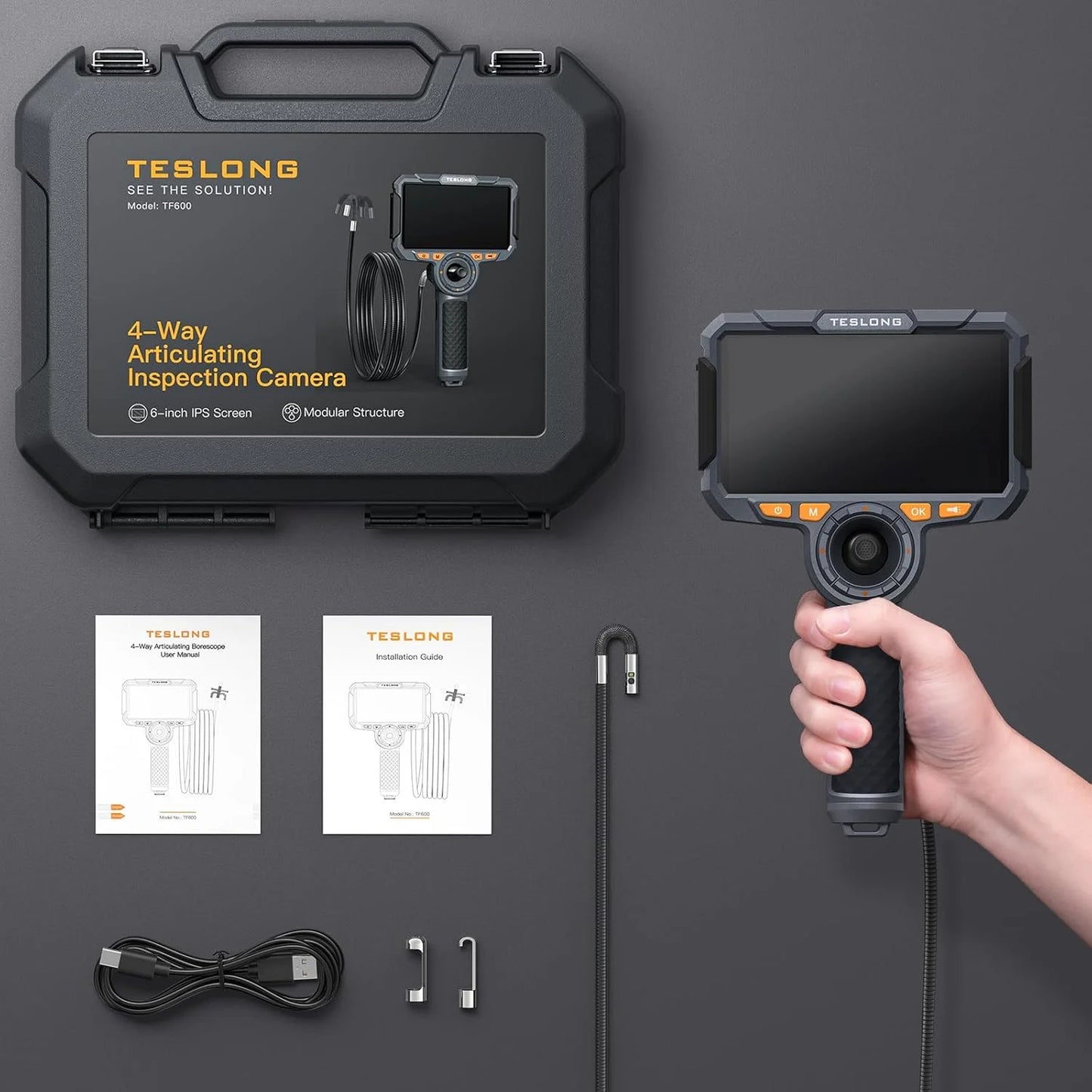 TF600 4-Way Articulating Industrial Borescope – HD Inspection Camera with Dual Lens & 1080P Display