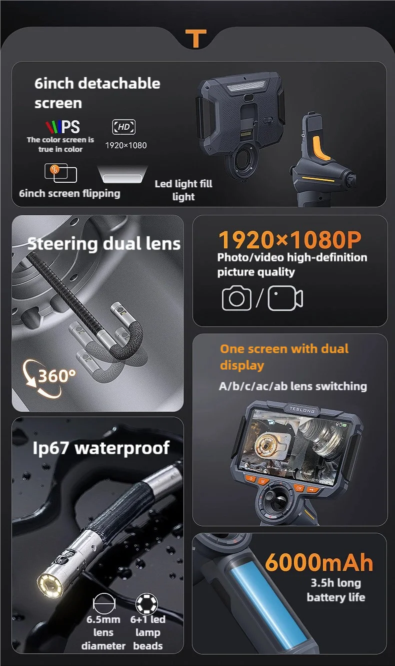 TF600 4-Way Articulating Industrial Borescope – HD Inspection Camera with Dual Lens & 1080P Display