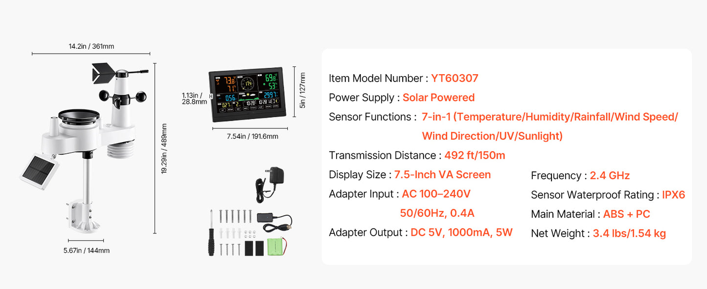 SucceBuy 7-in-1 Wi-Fi Weather Station & APP Control, 7.5-Inch VA Display Solar Powered Sensor, Indoor & Outdoor Weather Forecast