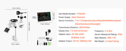 SucceBuy 7-in-1 Wi-Fi Weather Station & APP Control, 7.5-Inch VA Display Solar Powered Sensor, Indoor & Outdoor Weather Forecast